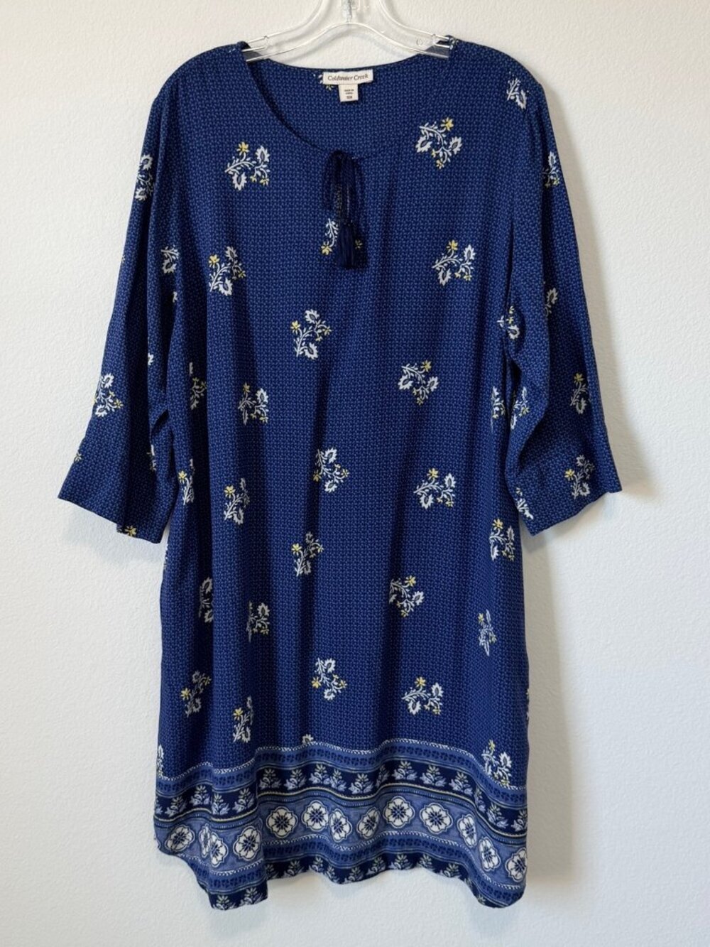 Coldwater Creek 3/4 Sleeve Tie Round Neck Blue/White Floral Tunic Dress Size 18W